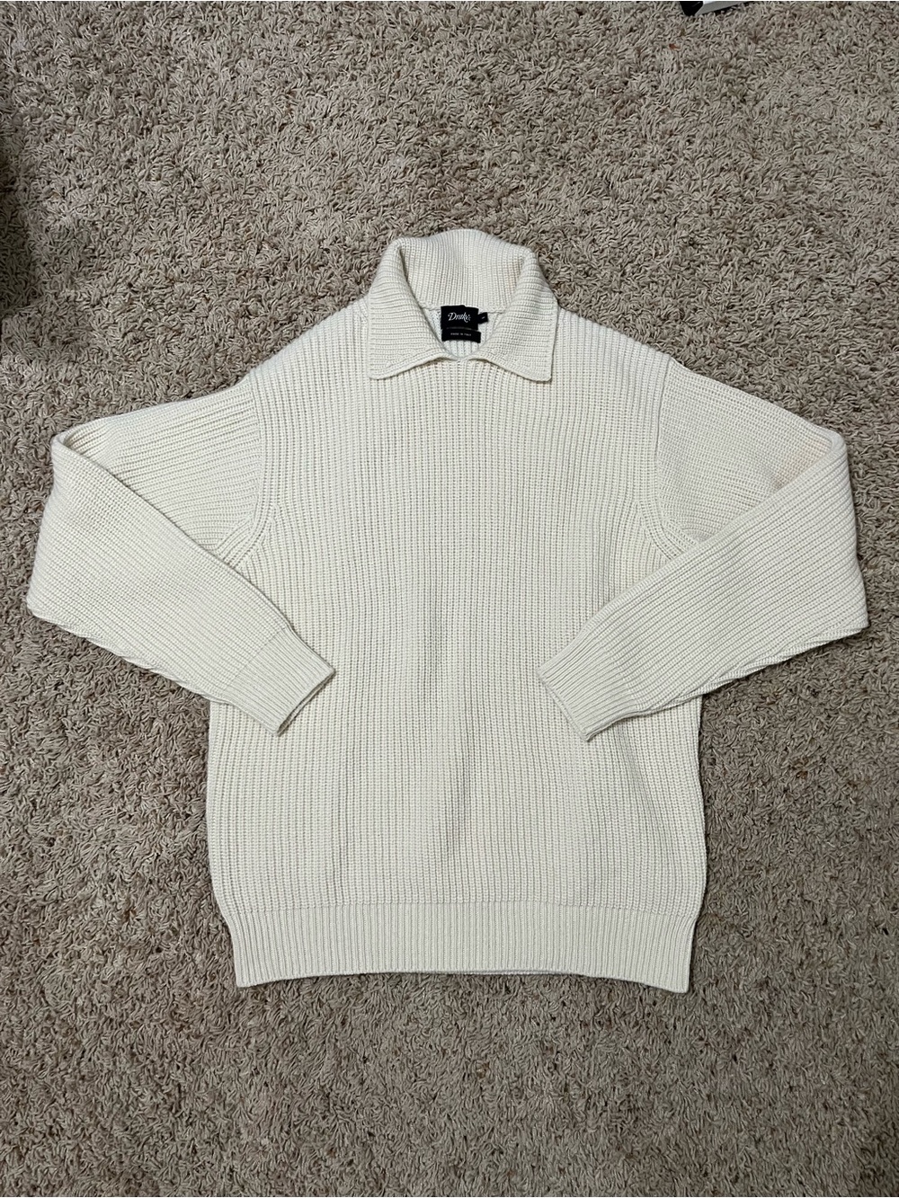 Drake's Lambswool & Alpaca Italy Ecru/Cream/Ivory Integral Collar Sweater Sz L